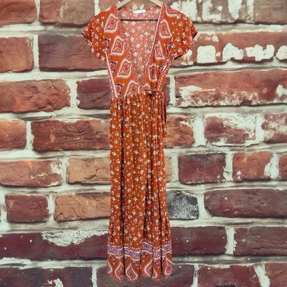 R Vivimos Wrap Dress Women's Small Rust Orange Brown Boho Floral Abstract Midi - Picture 1 of 8